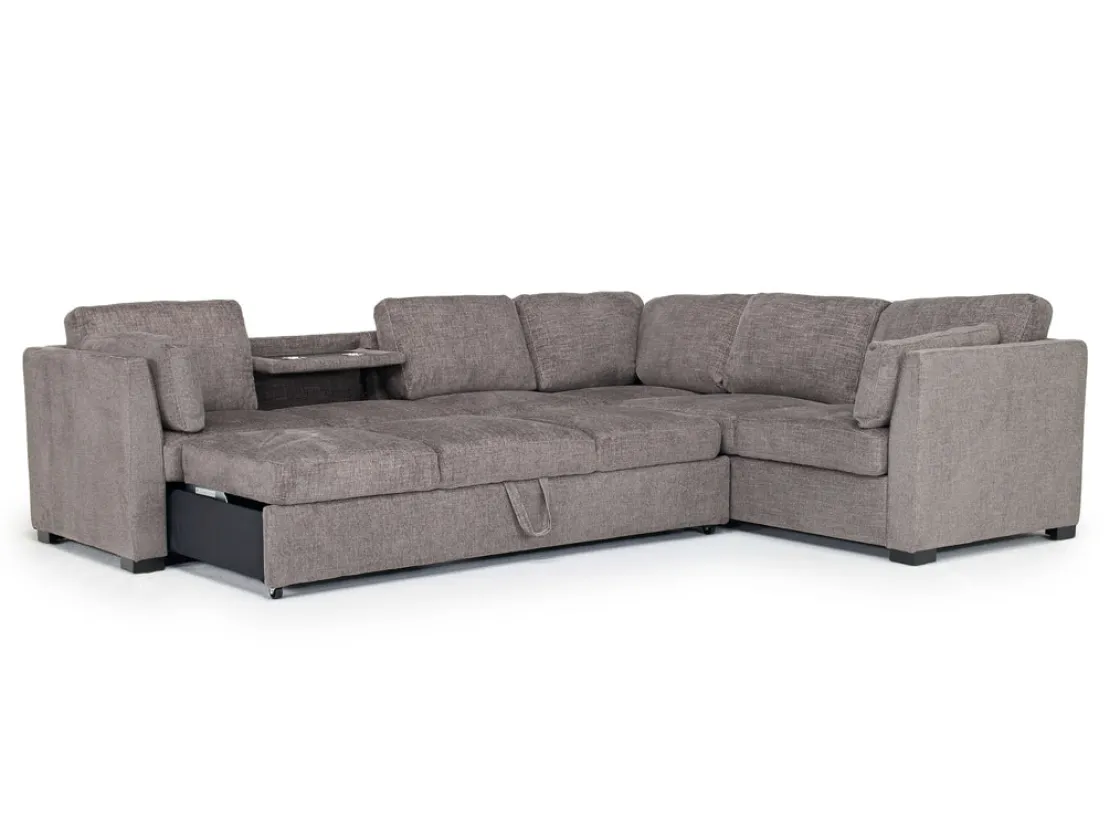 Mor Furniture Vivian Queen Tux Sleeper Sectional W/ Drop Down Table In Handwoven Pewter, Right Facing