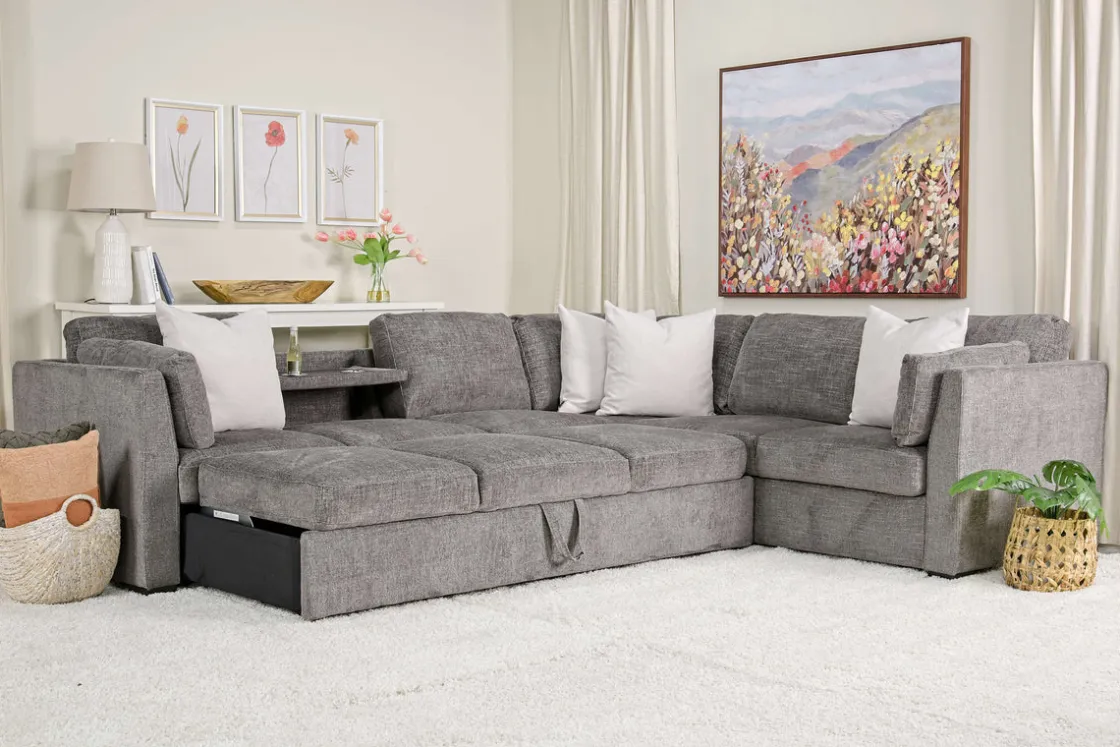 Mor Furniture Vivian Queen Tux Sleeper Sectional W/ Drop Down Table In Handwoven Pewter, Right Facing