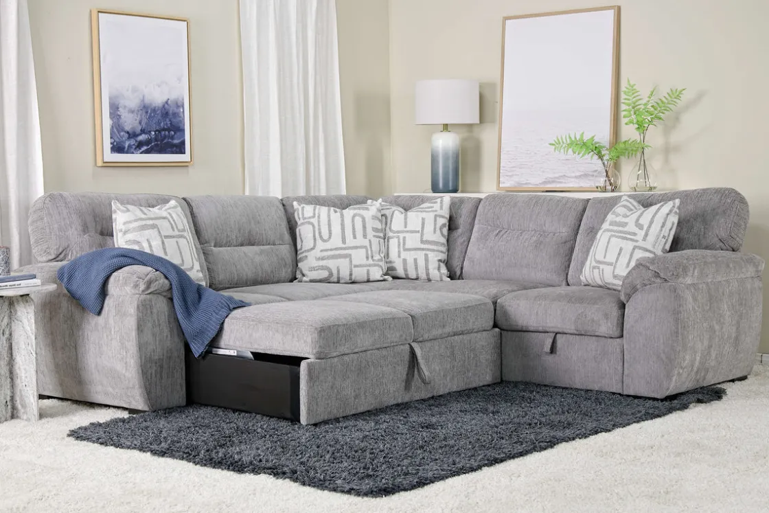 Mor Furniture Wanda Full Tux Sleeper Sectional W/ Storage In Gray, Right Facing