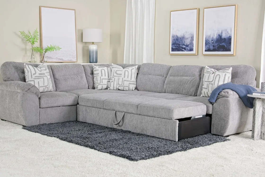 Mor Furniture Wanda Queen Tux Sleeper Sectional W/ Drop Table In Gray, Right Facing