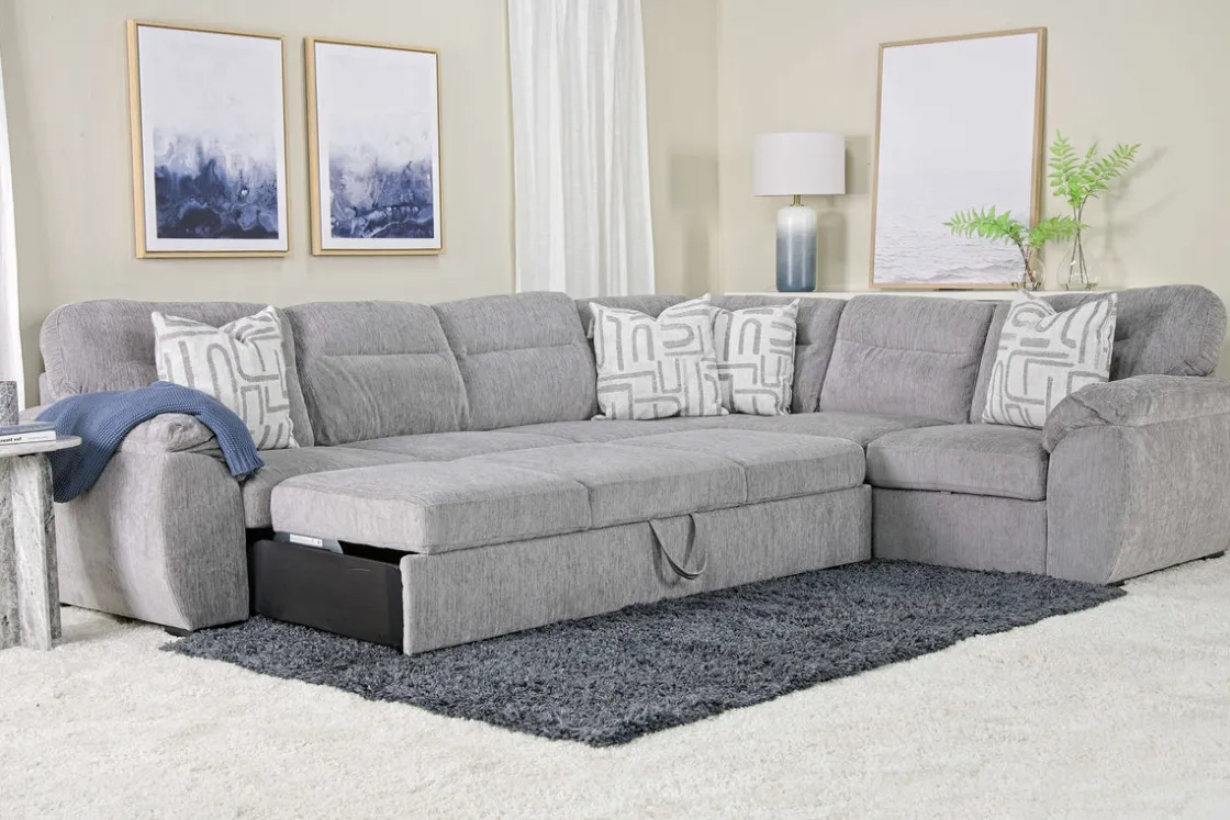 Mor Furniture Wanda Queen Tux Sleeper Sectional W/ Drop Table In Gray, Right Facing