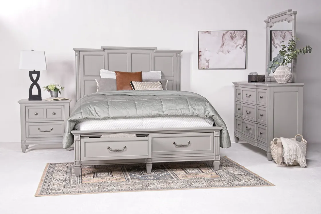 Mor Furniture Willowbrook Panel Bed, Dresser, Mirror & Nightstand In Pebble, Queen