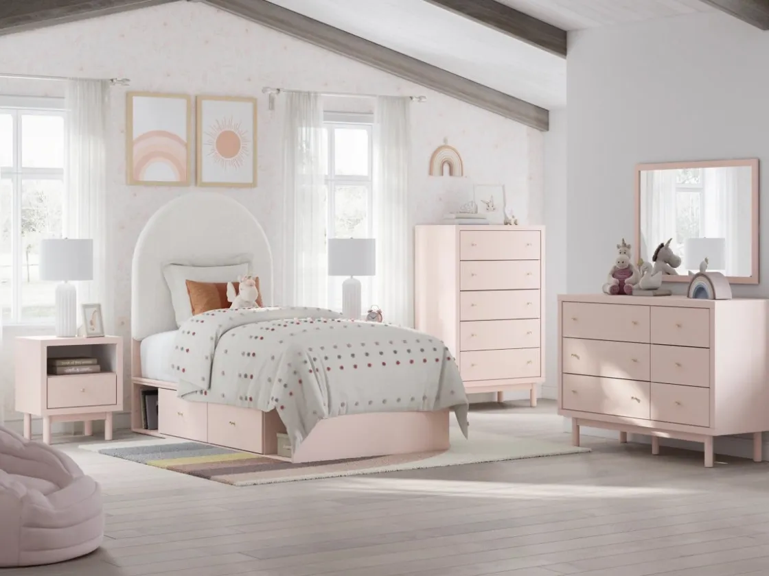 Kids Mor Furniture Wistenpine Panel Bed W/ Storage, Dresser, Mirror & Nightstand In Blush, Twin