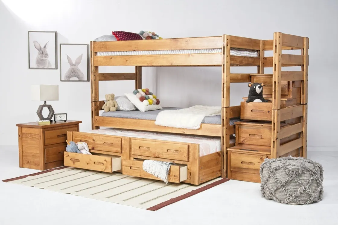 Kids Mor Furniture Young Pioneer Bunk W/ Storage Steps & Trundle Bed In Dark Gray, Twin/Twin